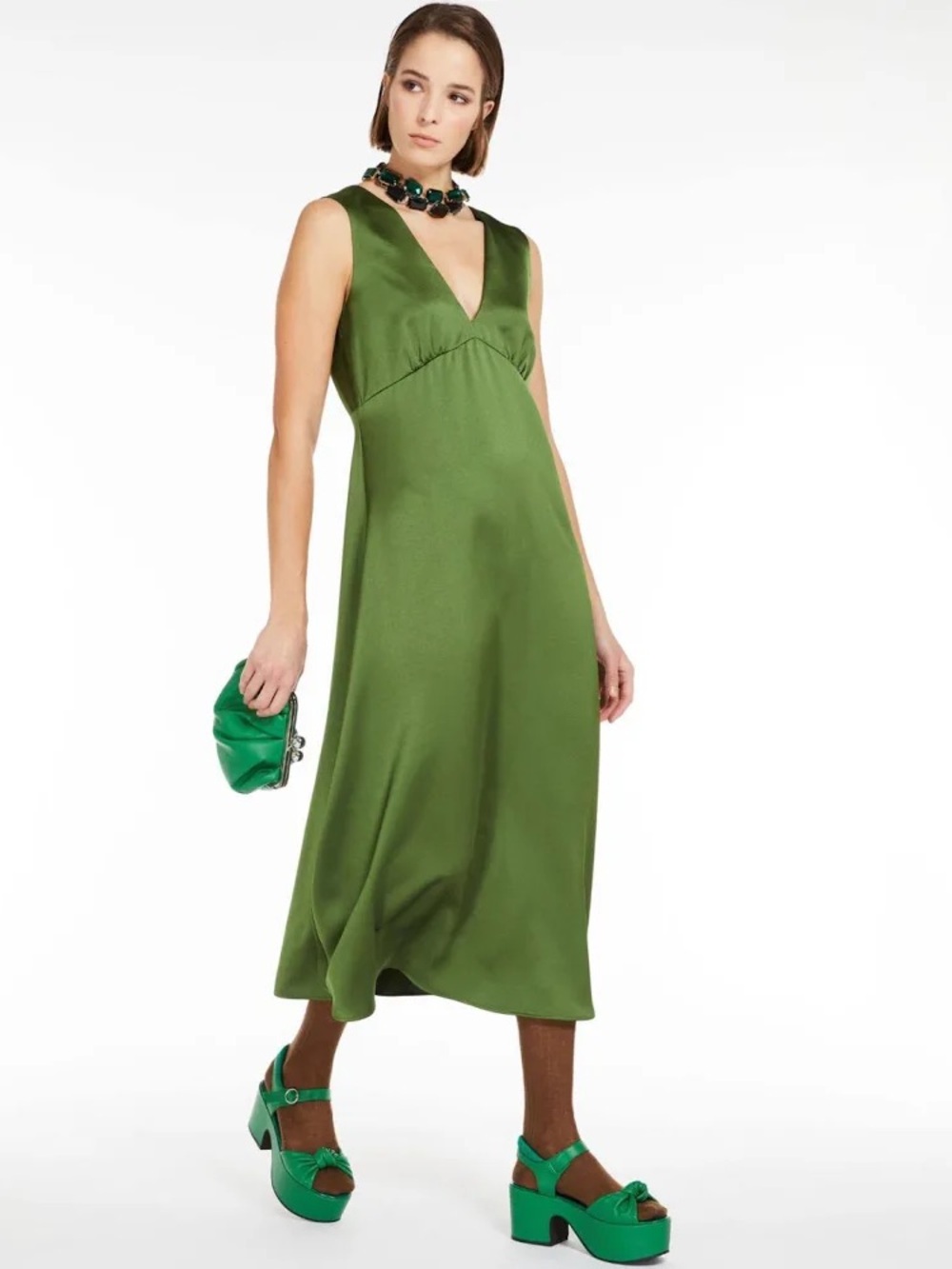 Weekend Max Mara Green Satin V-Neck Midi Dress Size 8